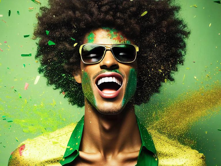 Ein KI-generiertes Bild eines jungen Mannes mit einem breiten Lächelm und einer Sonnenbrille vor grünem Hintergrund. 