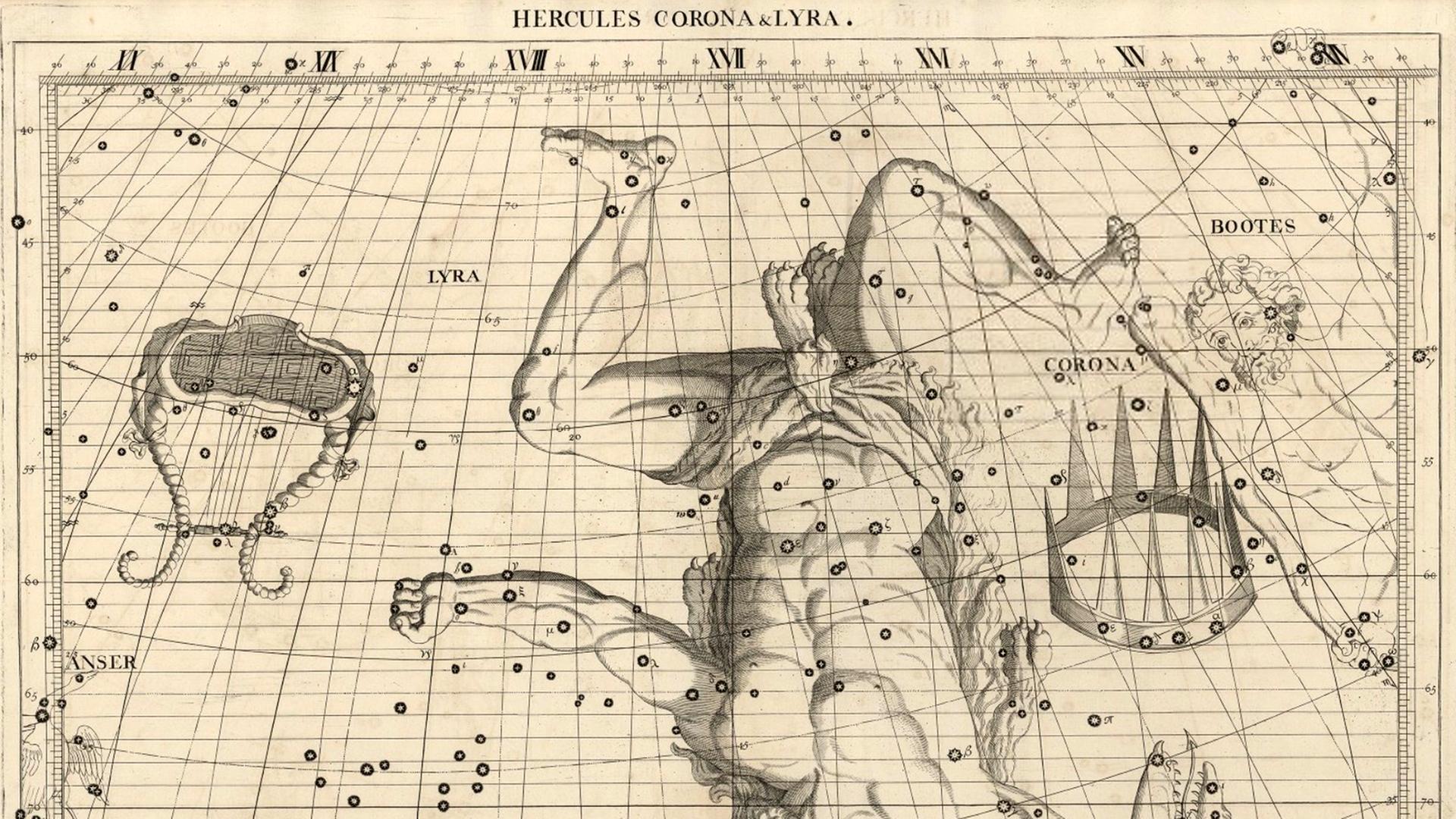 Mit kräftigen Zacken: Corona, die Nördliche Krone, in einer historischen Darstellung Mit kräftigen Zacken: Corona, die Nördliche Krone, in einer historischen Darstellung