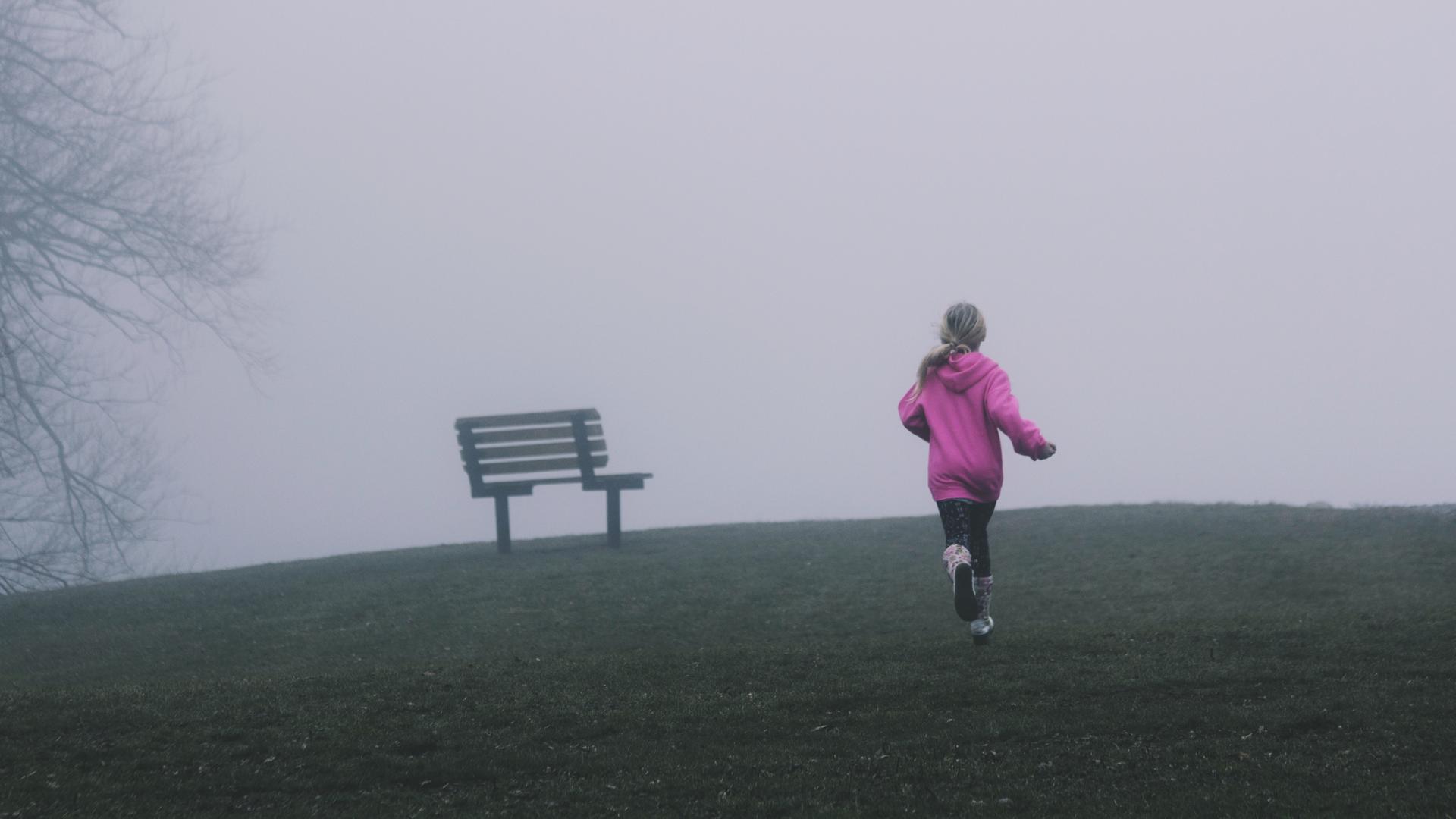 Ein Kind mit langen Haaren und pinkem Pulli läuft über eine grüne Wiese auf eine Nebelwand am Horizont zu.