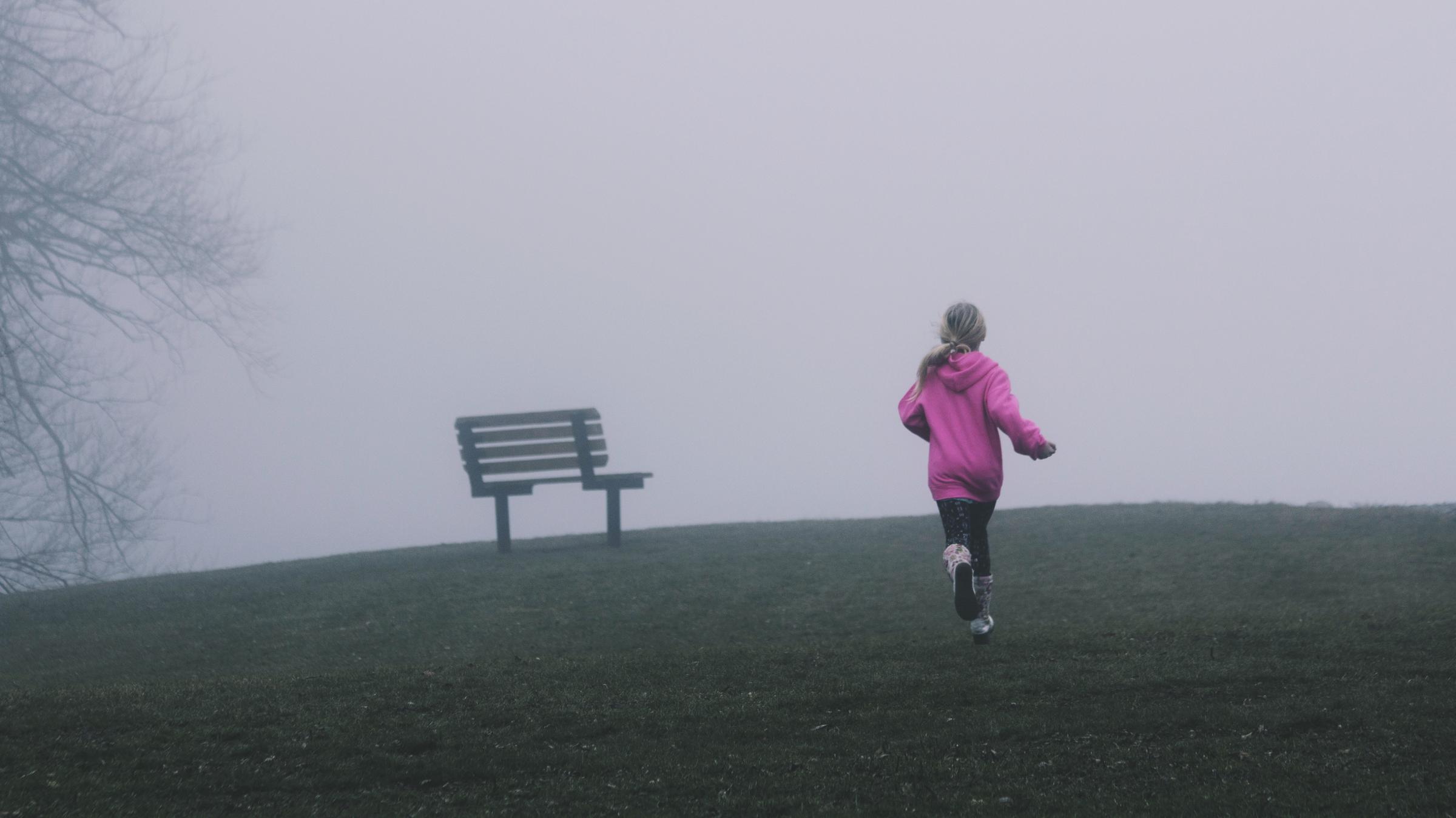Ein Kind mit langen Haaren und pinkem Pulli läuft über eine grüne Wiese auf eine Nebelwand am Horizont zu.