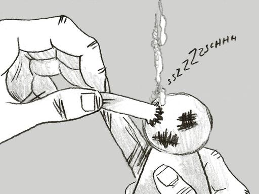 Illustration: Eine Hand drück auf einer Puppe eine Zigarette aus.