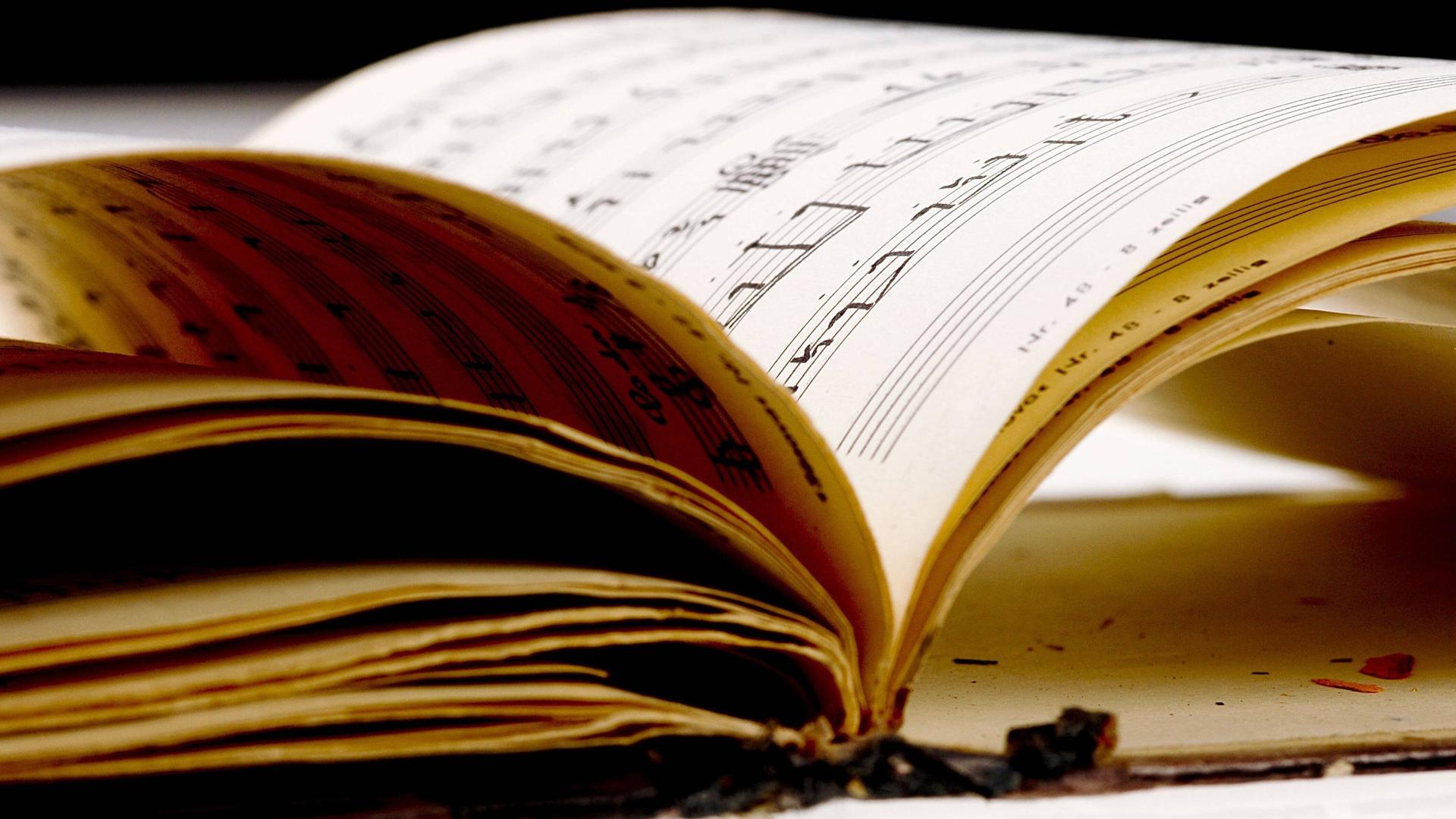 Ein altes Notenheft mit handschriftlichen Noten liegt auf einem Tisch. Ein altes Notenheft mit handschriftlichen Noten liegt auf einem Tisch.