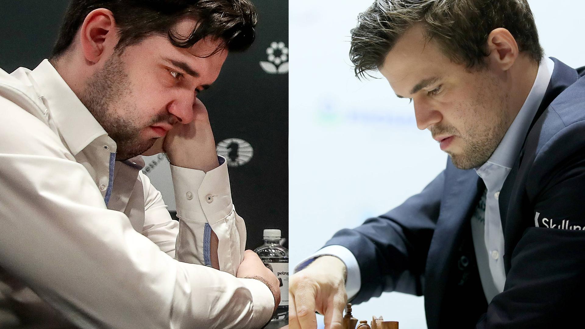 Collage mit den Schachprofis Jan Nepomnjaschtschi (links) und Magnus Carlsen (rechts). Collage mit den Schachprofis Jan Nepomnjaschtschi (links) und Magnus Carlsen (rechts).