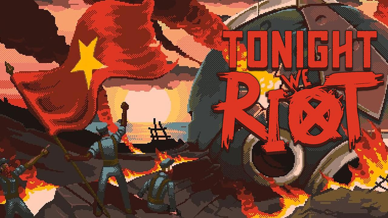Gameoberfläche von "Tonight We Riot", ein Computerspiel zum Thema Klassenkampf. Eine dunkelgraue Gestalt schwenkt eine rote Fahne mit einem gelben Stern. Gameoberfläche von "Tonight We Riot", ein Computerspiel zum Thema Klassenkampf. Eine dunkelgraue Gestalt schwenkt eine rote Fahne mit einem gelben Stern.