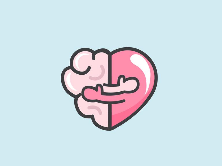 Illustration: Ein Gehirn und ein Herz fügen sich zusammen und umarmen sich.