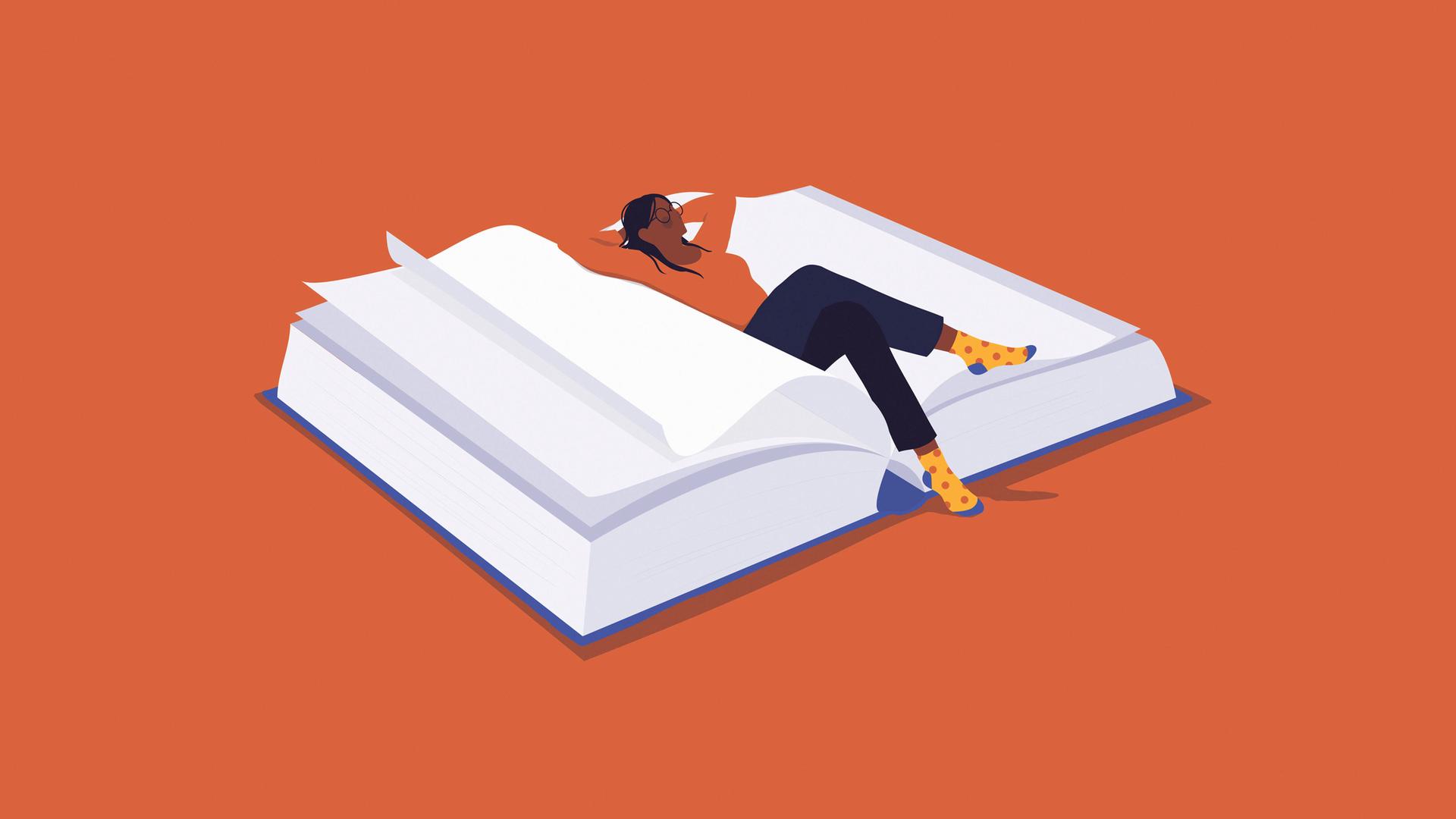 Illustration einer Frau, die sich in einem Buch entspannt Illustration einer Frau, die sich in einem Buch entspannt