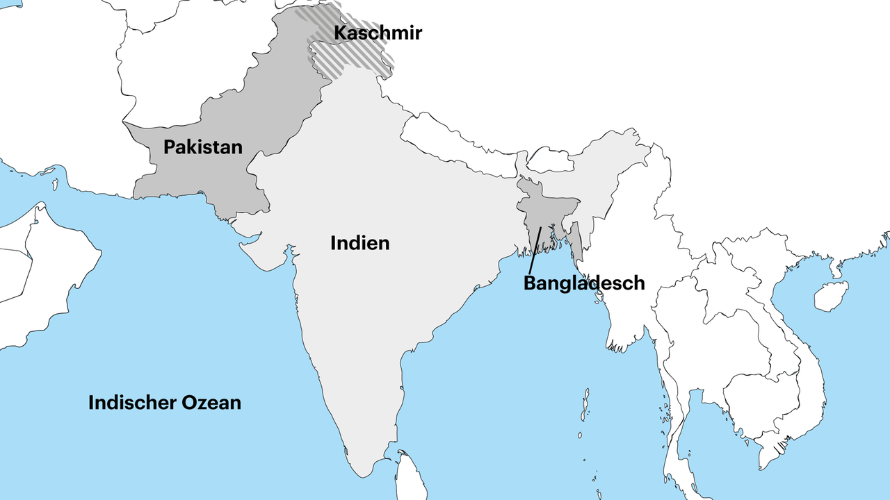 Karte zeigt Indien, Pakistan, Bangladesch und die Kaschmirregion