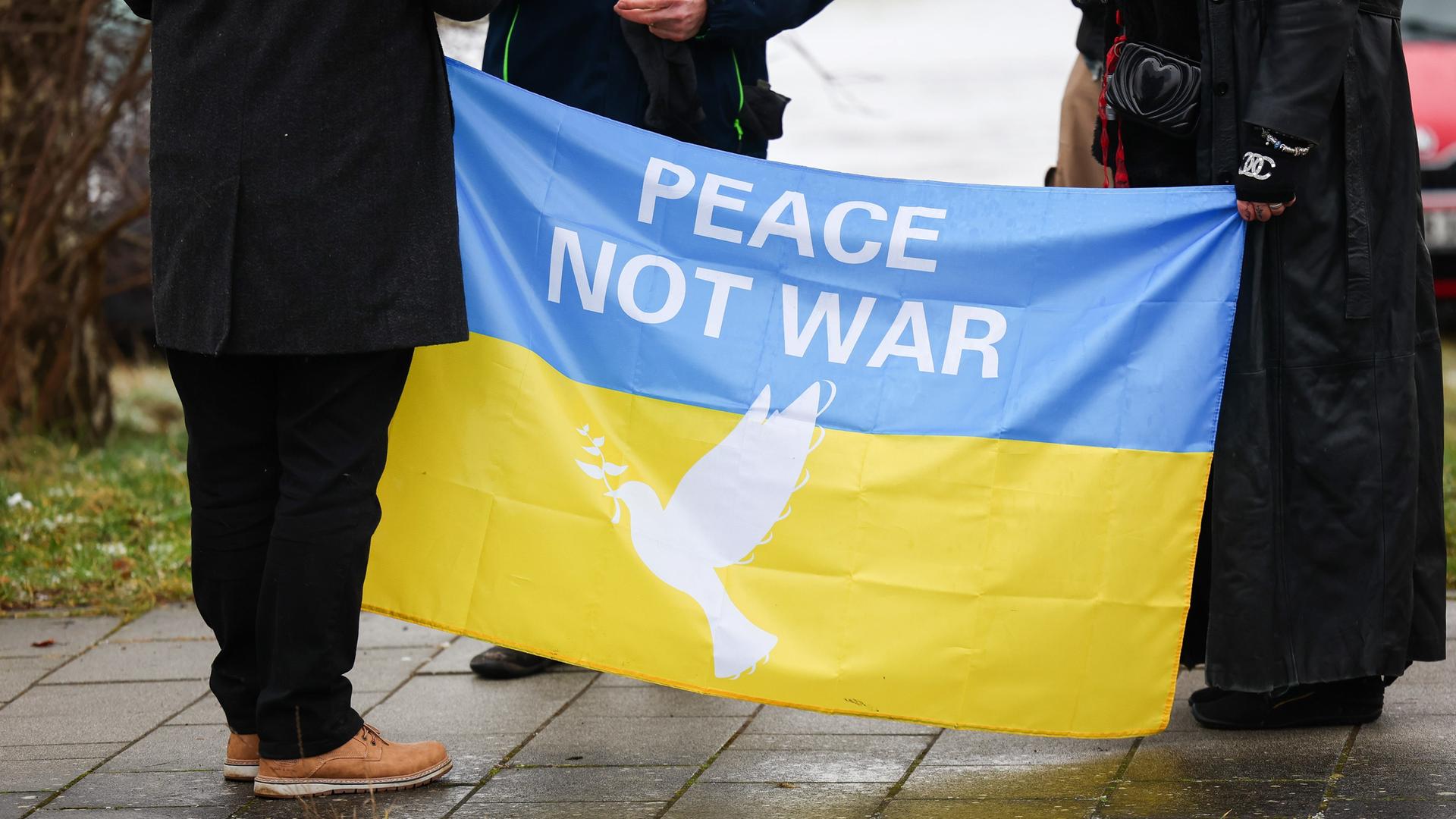 Während einer Demonstration halten zwei Personen eine blau-gelbe Fahne mit der Aufschrift "Peace - No war". 