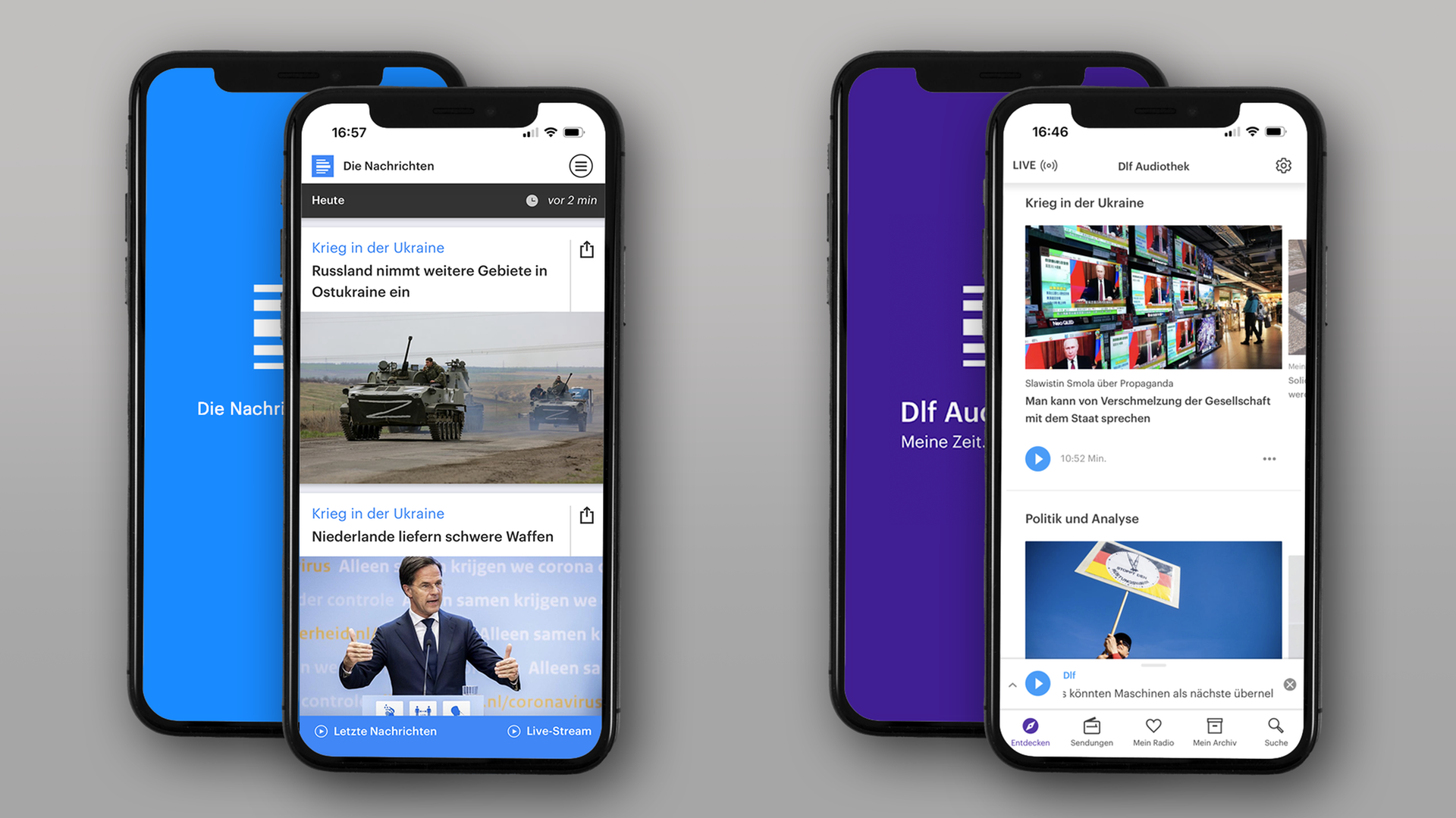 Handys zeigen Apps der Dlf Nachrichten und der Dlf Audiothek Handys zeigen Apps der Dlf Nachrichten und der Dlf Audiothek