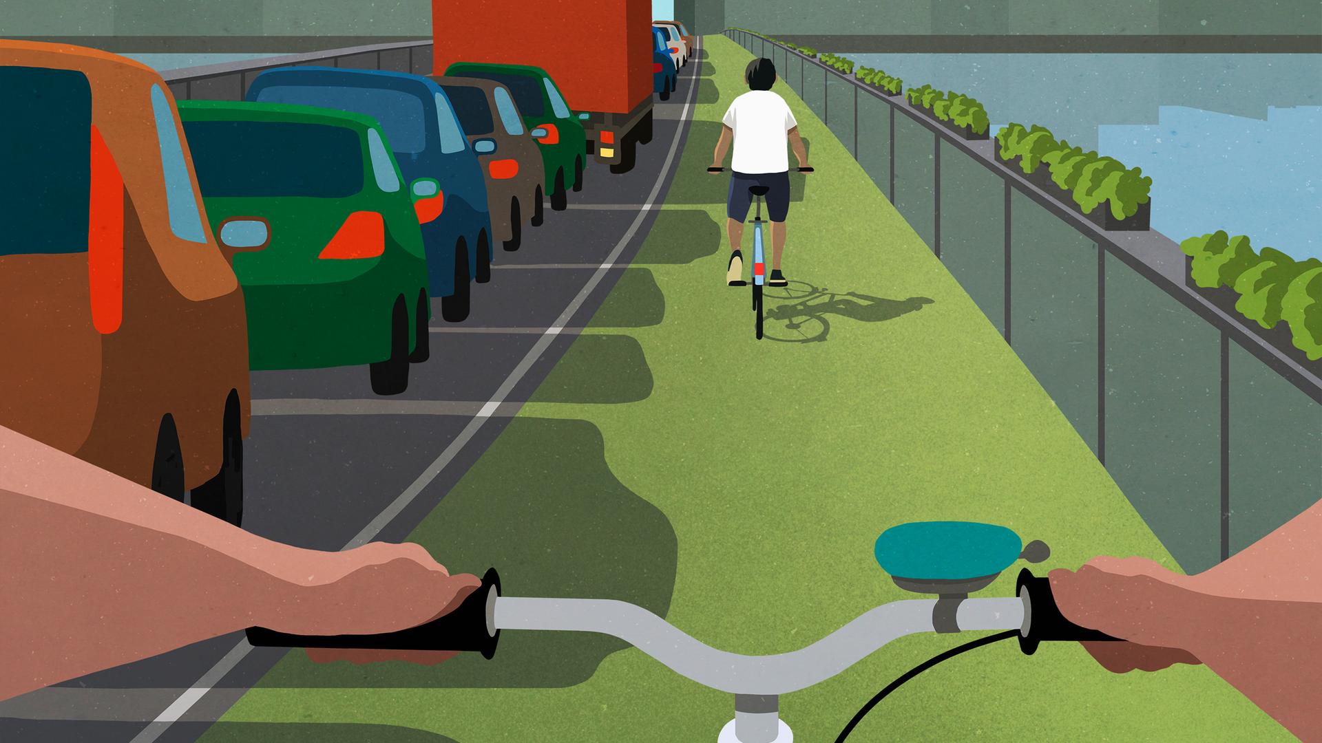 Illustration: Fahrradfahrer im Stadtverkehr, die die Autos überholen. Illustration: Fahrradfahrer im Stadtverkehr, die die Autos überholen.