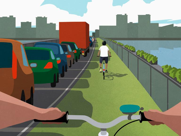 Illustration: Fahrradfahrer im Stadtverkehr, die die Autos überholen.