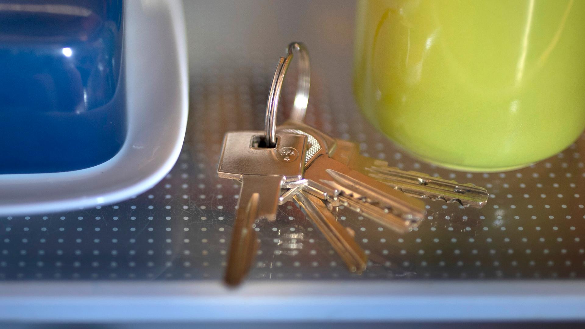 In einem Kühlschrank liegt neben einer blauen Butterdose und einer grünen Tasse ein Schlüsselbund. In einem Kühlschrank liegt neben einer blauen Butterdose und einer grünen Tasse ein Schlüsselbund.