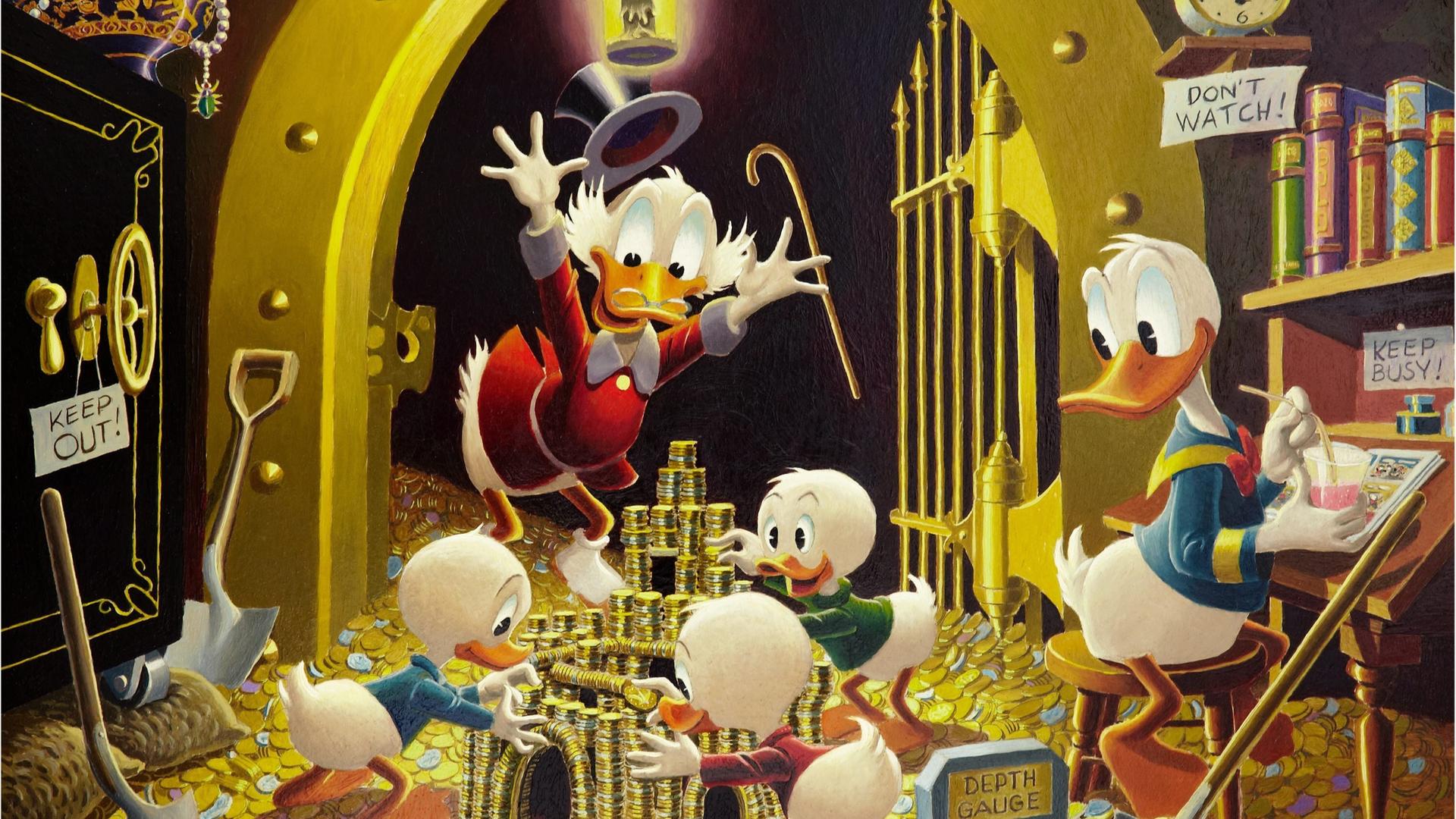 Dagobert und Donald Duck sowie ihre Neffen stehen in einem Tresorraum und zählen Münzen. Dagobert und Donald Duck sowie ihre Neffen stehen in einem Tresorraum und zählen Münzen.