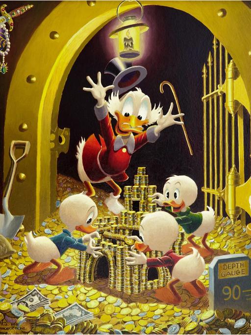 Dagobert und Donald Duck sowie ihre Neffen stehen in einem Tresorraum und zählen Münzen.