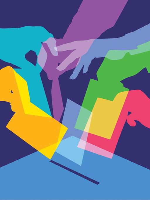 Illustration: Eine Wahlurne mit vielen farbigen Wahlzetteln.