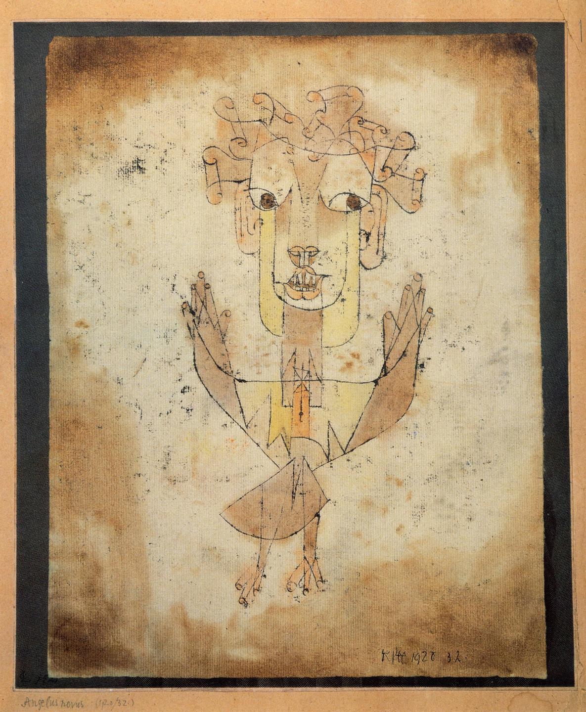 Die abstrakte Zeichnung eines Engels, des Angelus Novus ausgeführt vom Maler Paul Klee.
