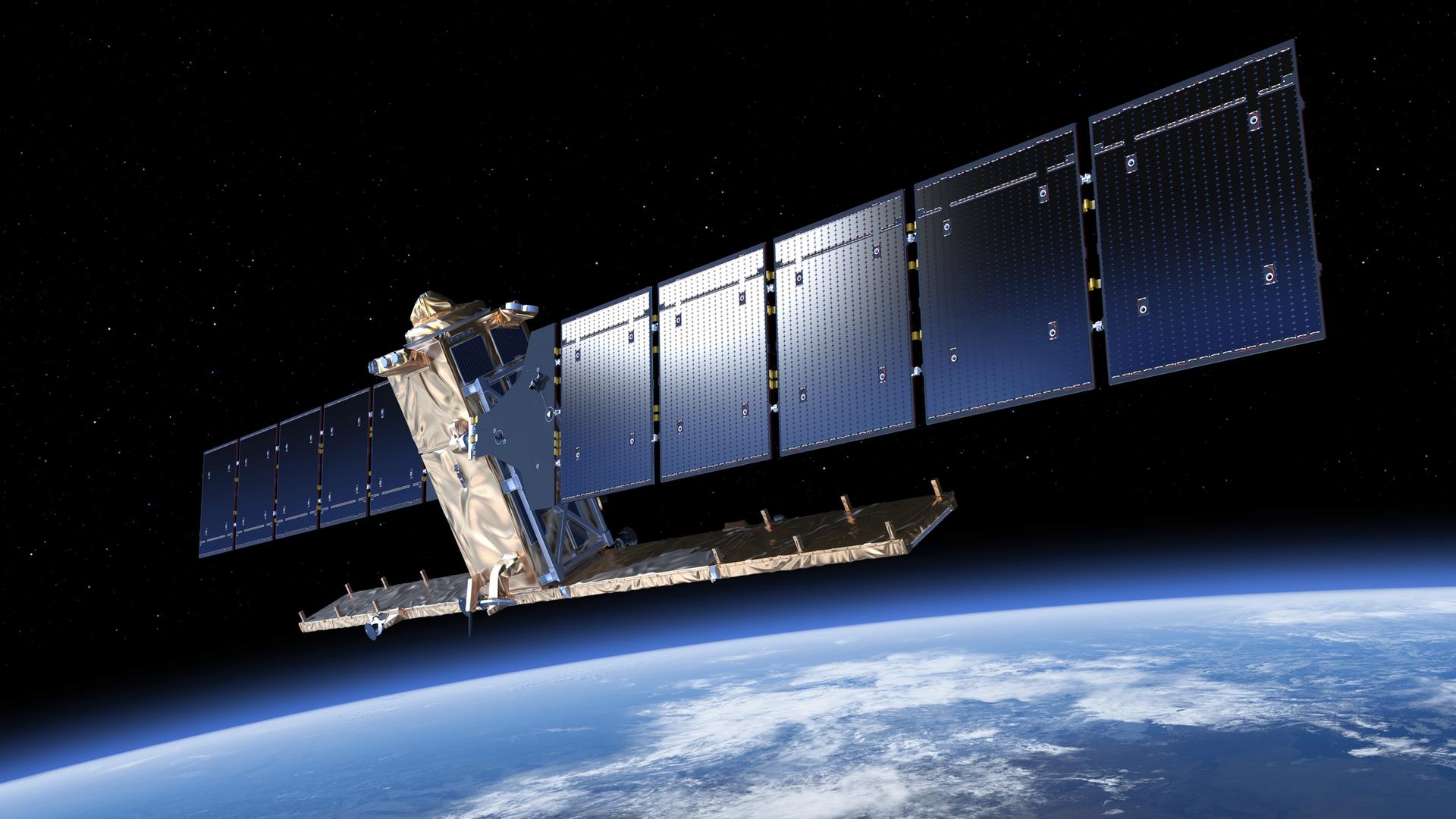 Ein Sentinel-1-Satellit in der Erdumlaufbahn. Ein Sentinel-1-Satellit in der Erdumlaufbahn.