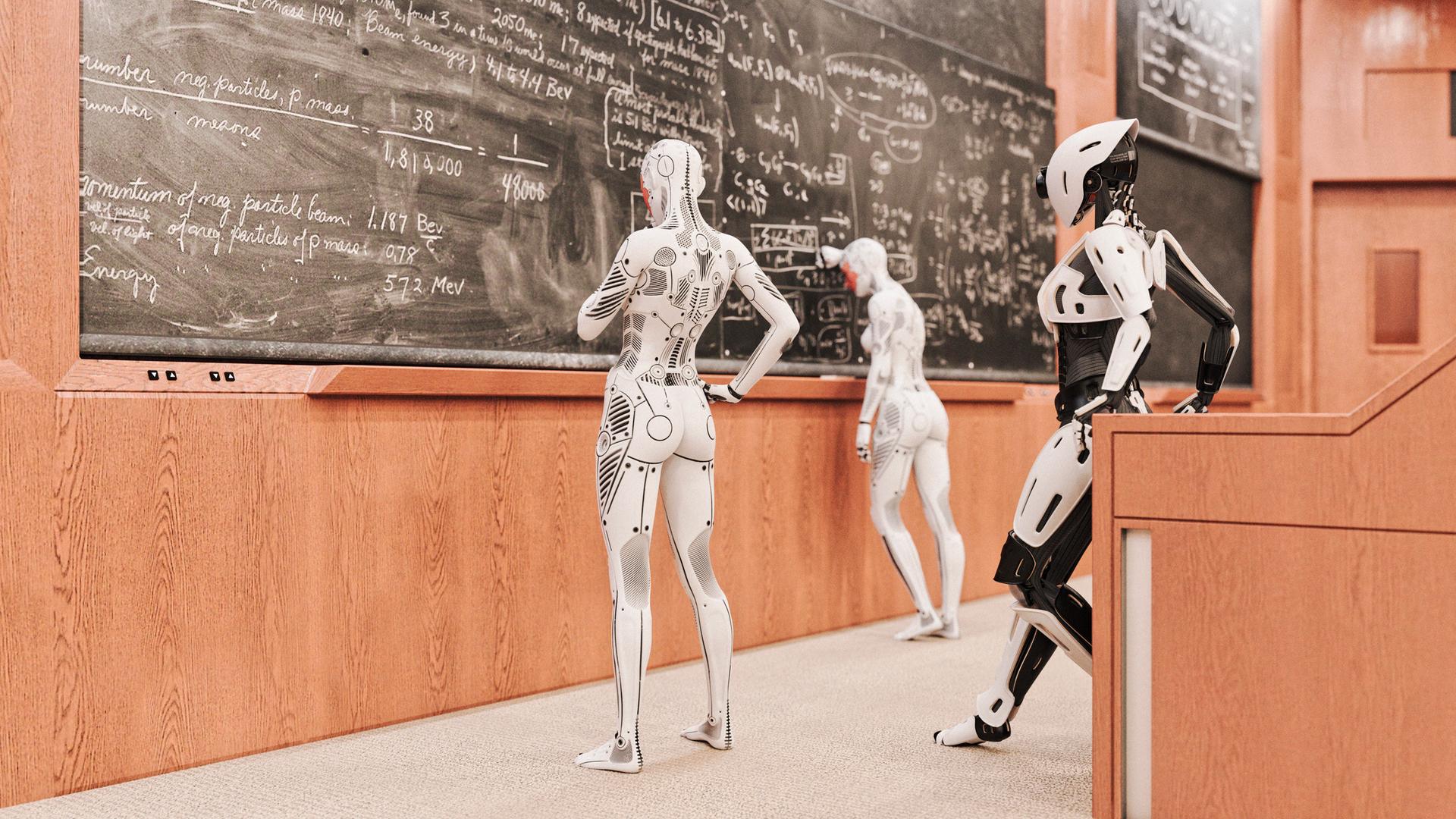 Roboterfrauen lösen Gleichungen auf einer Tafel. Roboterfrauen lösen Gleichungen auf einer Tafel.