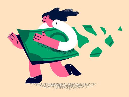 Illustration: Eine Frau rennt mit einem riesigen Geldschein unter dem Arm, der sich auflöst.
