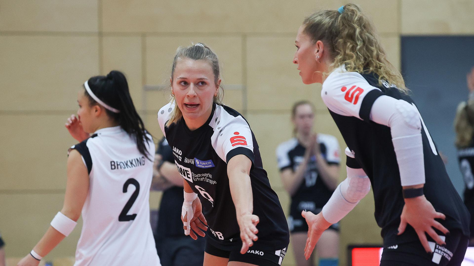Die Volleyball-Spielerinnen von Schwarz-Weiss Erfurt klatschen sich in der Begegnung gegen den VC Neuwied ab. 