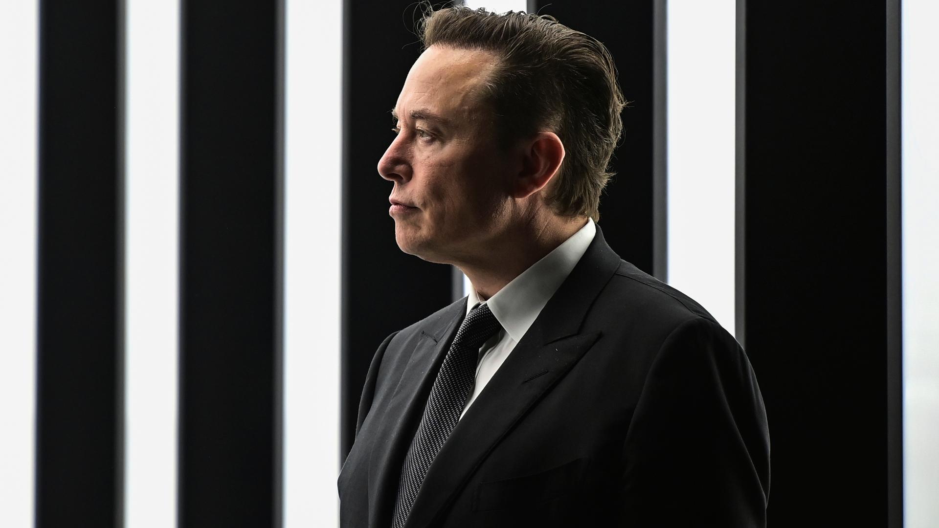 Elon Musk im Profil. Er blickt nach links. Elon Musk im Profil. Er blickt nach links.
