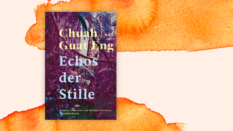 Das Cover des Krimis von Chuah Guat Eng, "Echos der Stille". Es zeigt vor mehrfarbigen, strukturierten Hintergrund die Namen von Autor und Übersetzer sowie den Titel. Der Krimi ist auf der Krimibestenliste von Deutschlandfunk Kultur.