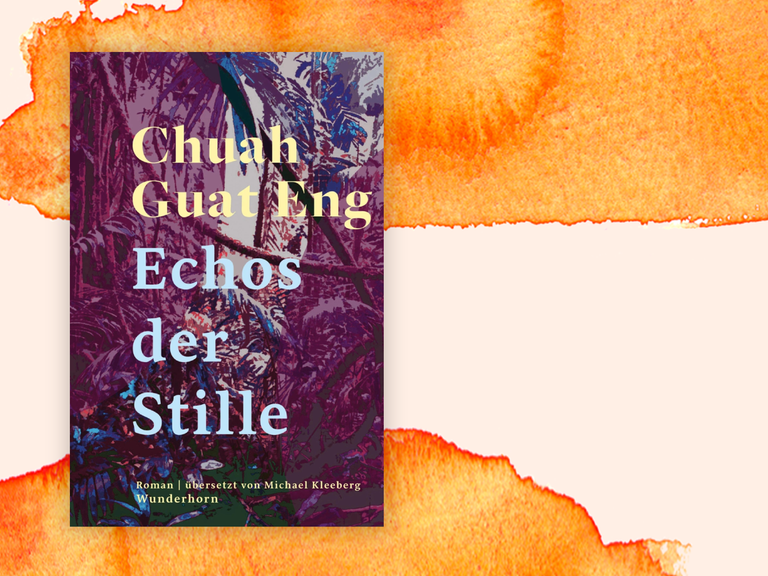Das Cover des Krimis von Chuah Guat Eng, "Echos der Stille". Es zeigt vor mehrfarbigen, strukturierten Hintergrund die Namen von Autor und Übersetzer sowie den Titel. Der Krimi ist auf der Krimibestenliste von Deutschlandfunk Kultur.