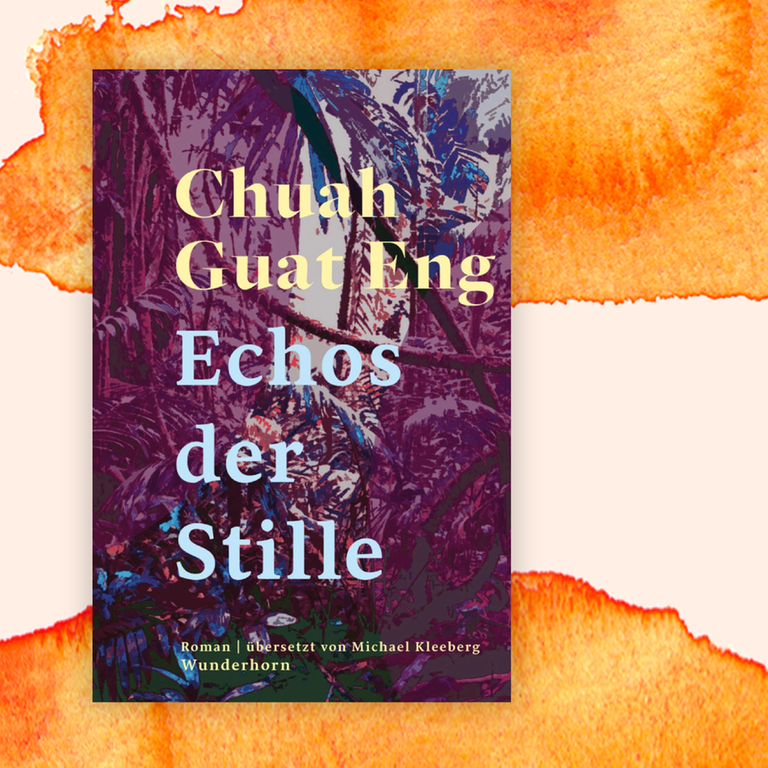 Das Cover des Krimis von Chuah Guat Eng, "Echos der Stille". Es zeigt vor mehrfarbigen, strukturierten Hintergrund die Namen von Autor und Übersetzer sowie den Titel. Der Krimi ist auf der Krimibestenliste von Deutschlandfunk Kultur.