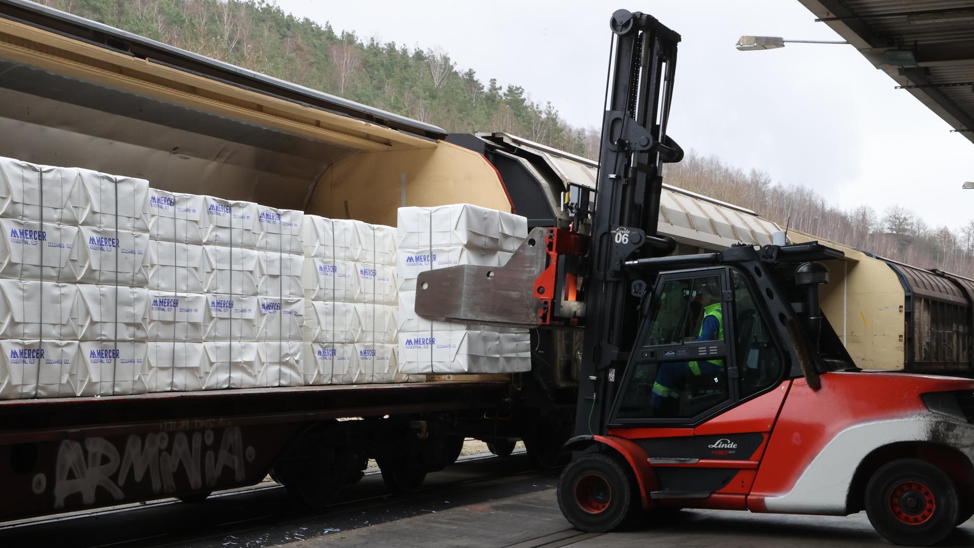 Fertige Paperstapel werden in einen Eisenbahnwagen verladen in einer Zellstoff- und Papierfabrik (Symbolbild) Fertige Paperstapel werden in einen Eisenbahnwagen verladen in einer Zellstoff- und Papierfabrik (Symbolbild)