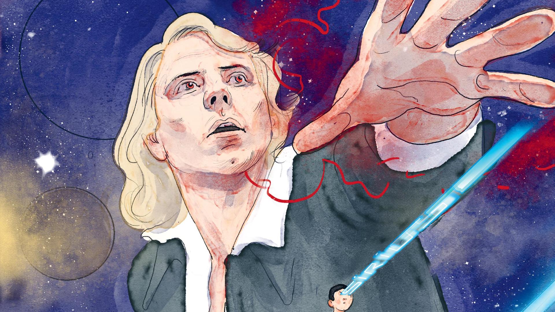 Wir sehen den Komponisten Karlheinz Stockhausen vor dem Hintergrund einer Galaxie. Es handelt sich um einen Ausschnitt aus einem Comic. 