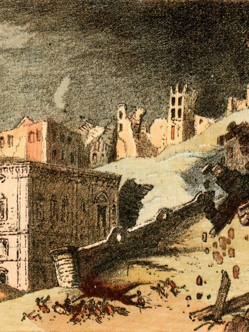 Eine Darstellung des großen Erdbebens von Lissabon im November 1755: Zu sehen sind eingestürzte, beschädigte und noch intakte Gebäude und offenbar tote Menschen, die auf dem Erdboden liegen.