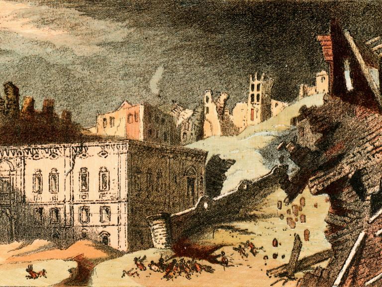 Eine Darstellung des großen Erdbebens von Lissabon im November 1755: Zu sehen sind eingestürzte, beschädigte und noch intakte Gebäude und offenbar tote Menschen, die auf dem Erdboden liegen.