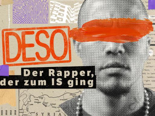 Eine Collage für den Podcast "Deso - Der Rapper, der zum IS ging". Darauf ist der Name es Podcast geschrieben. Außerdem ist ein Bild von Denis Cuspert, bei dem die Augen des Ex-Rappers durchgestrichen sind.