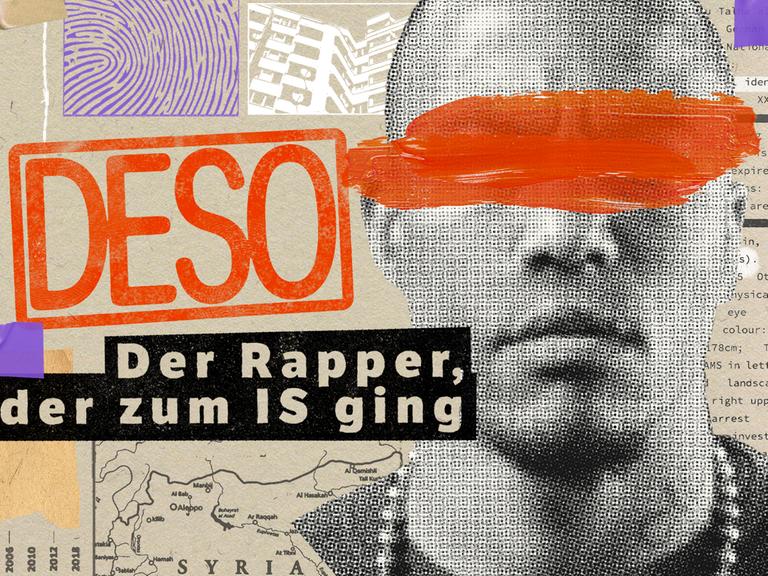 Eine Collage für den Podcast "Deso - Der Rapper, der zum IS ging". Darauf ist der Name es Podcast geschrieben. Außerdem ist ein Bild von Denis Cuspert, bei dem die Augen des Ex-Rappers durchgestrichen sind.