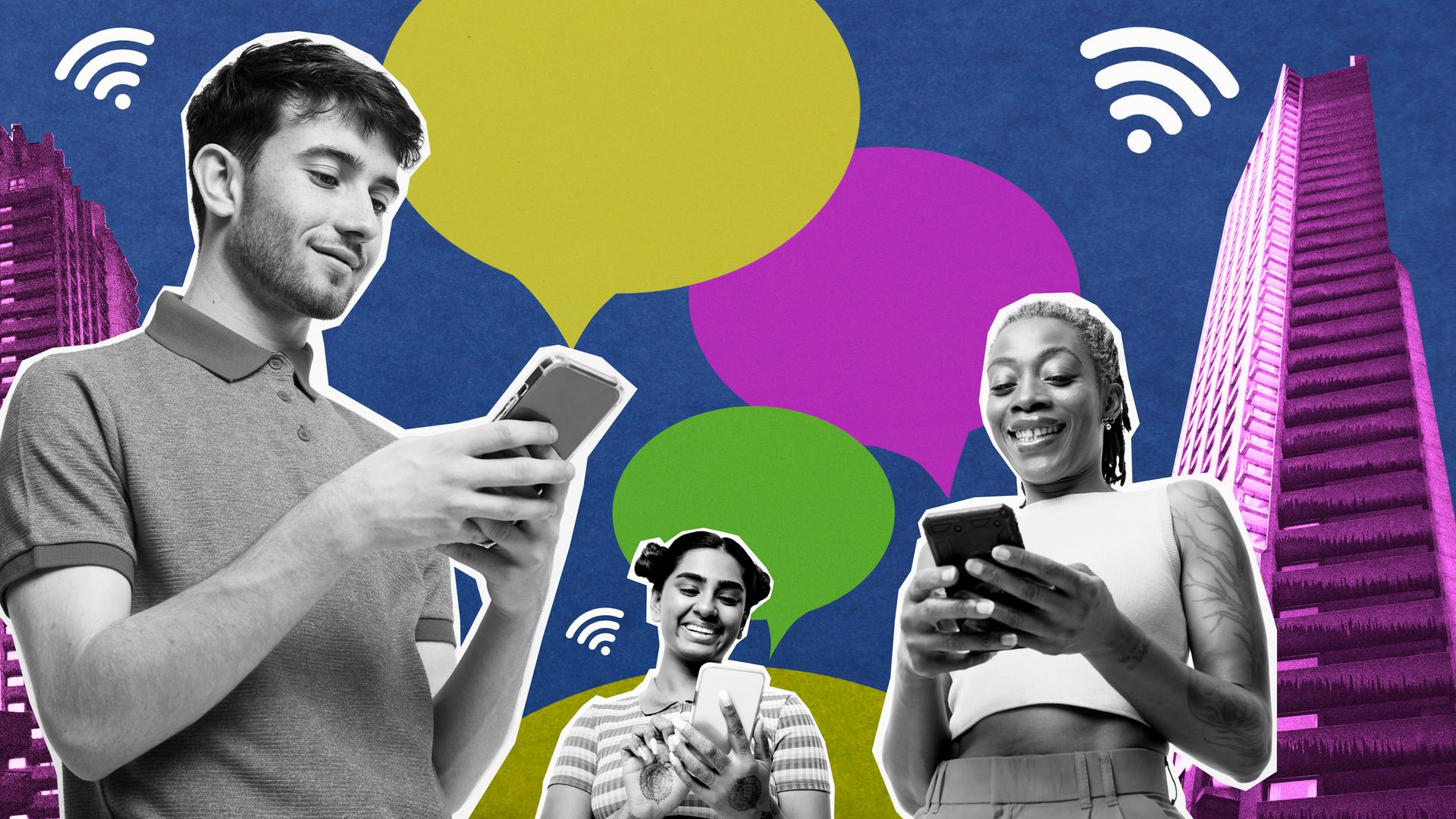Collage einer Gruppe von Menschen mit Smartphones. Collage einer Gruppe von Menschen mit Smartphones.