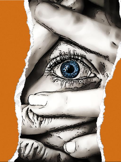 Illustration einer Frau die sich in Panik die Hände vor die Augen hält. Die Seiten der Illustration sind orange.