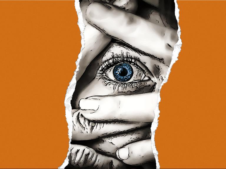 Illustration einer Frau die sich in Panik die Hände vor die Augen hält. Die Seiten der Illustration sind orange.