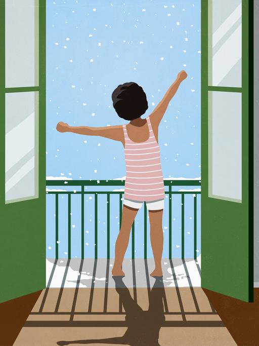 Ein Mädchen steht an einem geöffneten Fenster und draußen schneit es.