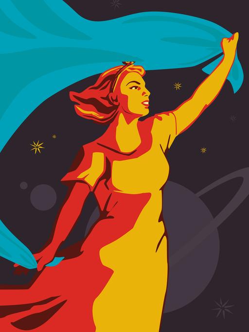 Illustration: Eine junge Frau steht mit einer blauen Flagge heroisch vor einem Sternenhimmel.