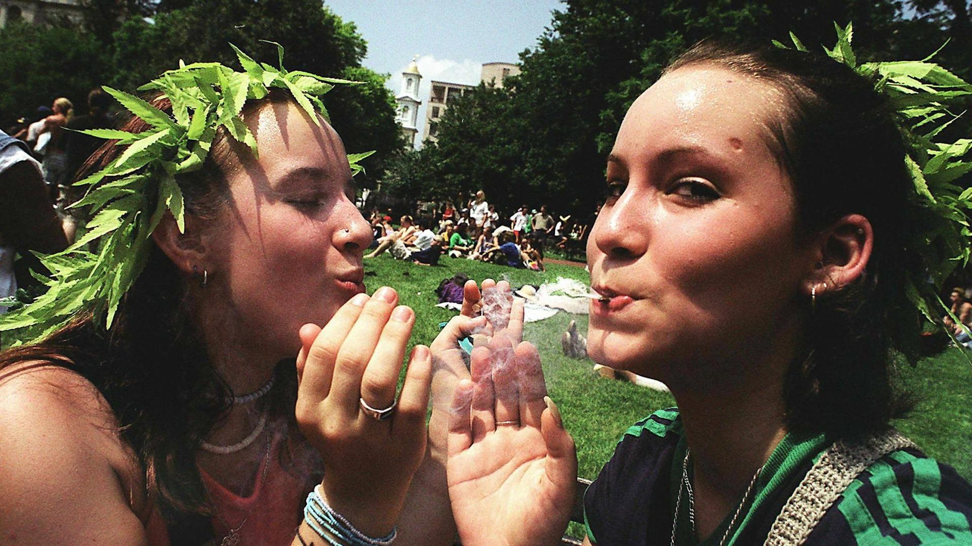 Zwei Frauen mit künstlichem Cannabis im Haar rauchen auf einer Wiese einen Joint. Zwei Frauen mit künstlichem Cannabis im Haar rauchen auf einer Wiese einen Joint.