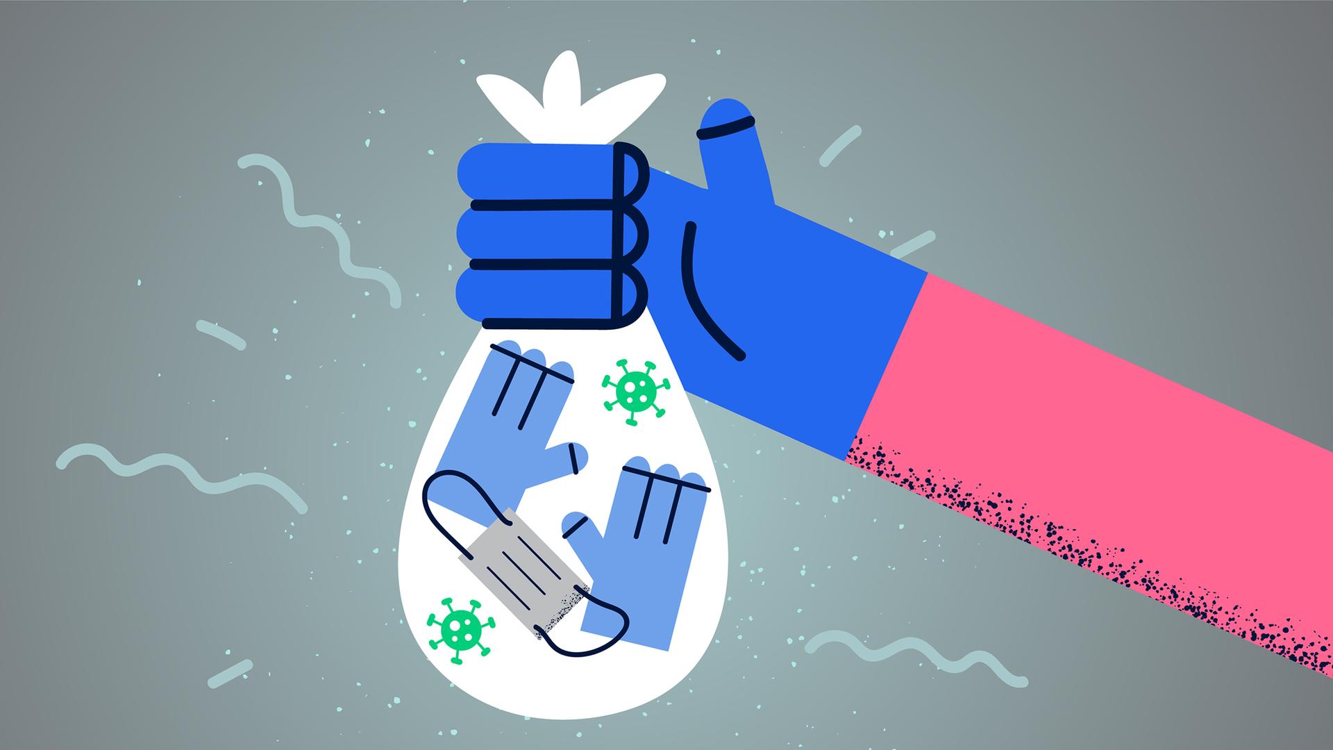 Illustration einer blauen Hand, die eine Tüte mit Maske und Handschuhen in einen Mülleimer wirft.
