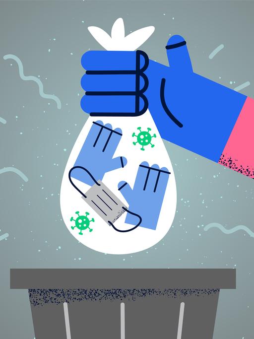 Illustration einer blauen Hand, die eine Tüte mit Maske und Handschuhen in einen Mülleimer wirft.