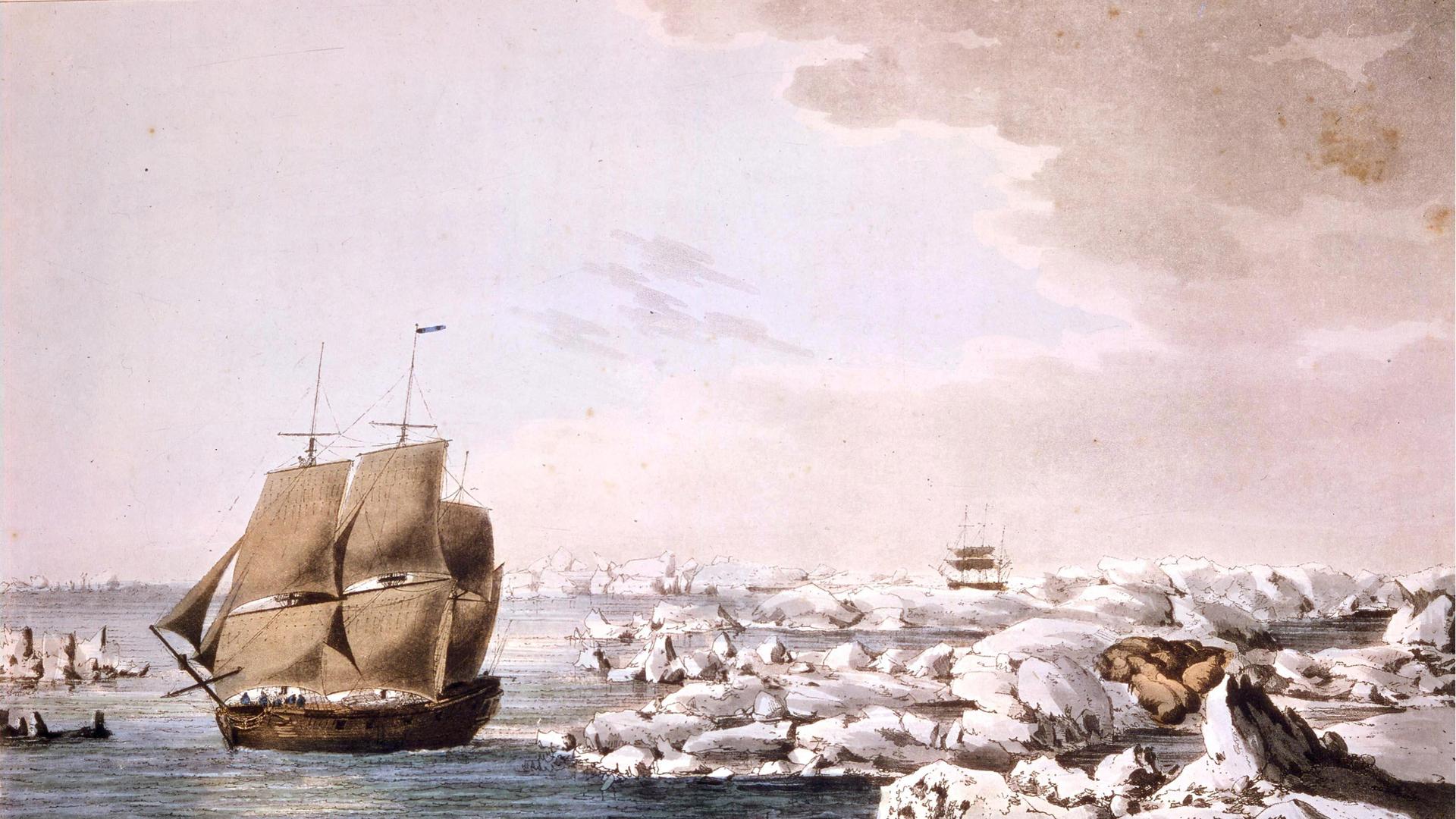 Die HMS Resolution, James Cooks Segelschiff bei seiner zweiten Südseereise, schlägt sich durchs Eis. Mit der vom Eis eingeschlossenen Discovery im Hintergrund: Gemälde von James Cooks Expeditionsmaler John Webber Die HMS Resolution, James Cooks Segelschiff bei seiner zweiten Südseereise, schlägt sich durchs Eis. Mit der vom Eis eingeschlossenen Discovery im Hintergrund: Gemälde von James Cooks Expeditionsmaler John Webber