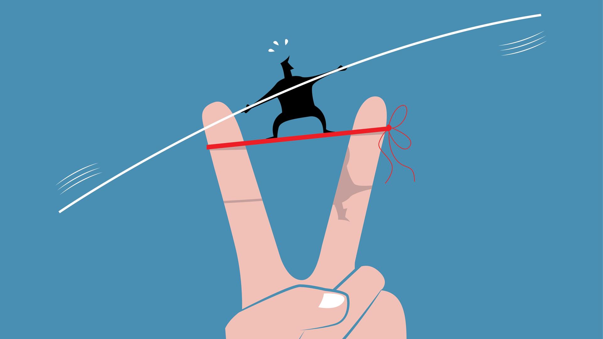 Illustration einer Hand, die das Victory-Zeichen zeigt. Dazwischen balanciert auf einem Seil eine Person mit Stab und hat Probleme das Gleichgewicht zu halten Illustration einer Hand, die das Victory-Zeichen zeigt. Dazwischen balanciert auf einem Seil eine Person mit Stab und hat Probleme das Gleichgewicht zu halten
