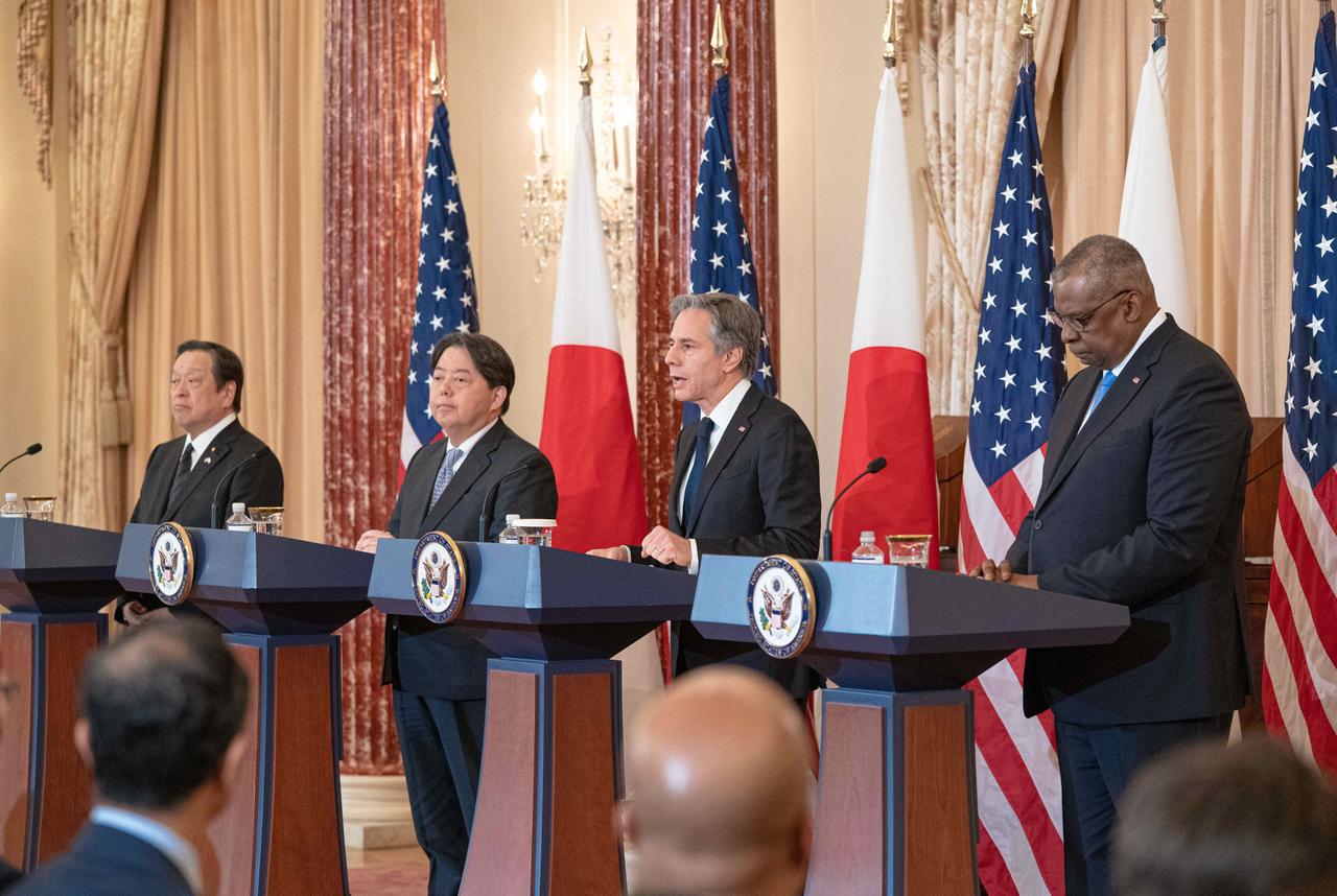 January 11, 2023, Washington, DC: Japanese Defense Minister Yasukazu Hamada, Japanese Foreign Minister Yoshimasa Hayashi, US Secretary of State Tony Blinken, and US Secretary of Defense Lloyd Austin. January 11, 2023, Washington, DC: Japanese Defense Minister Yasukazu Hamada, Japanese Foreign Minister Yoshimasa Hayashi, US Secretary of State Tony Blinken, and US Secretary of Defense Lloyd Austin.