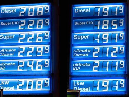 Collage: Vergleich der Anzeigetafel der Benzinpreise an einer ARAL-Tankstelle, wenige Minuten vor (links) und nach (rechts) Mitternacht, nachdem heute für drei Monate die Steuerentlastung von Benzin und Diesel in Kraft getreten ist.