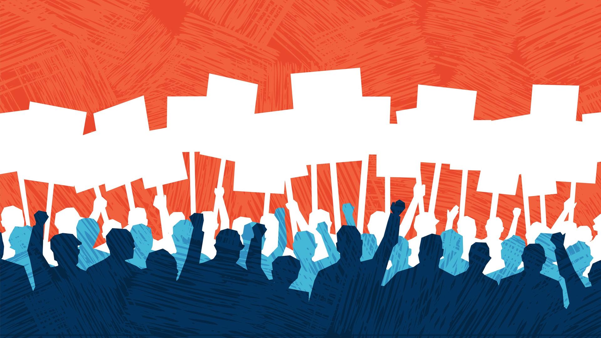 Illustration schemenhaft dargestellter Personen mit Transparenten. Unten blau, der Hintergrund rot. Illustration schemenhaft dargestellter Personen mit Transparenten. Unten blau, der Hintergrund rot.