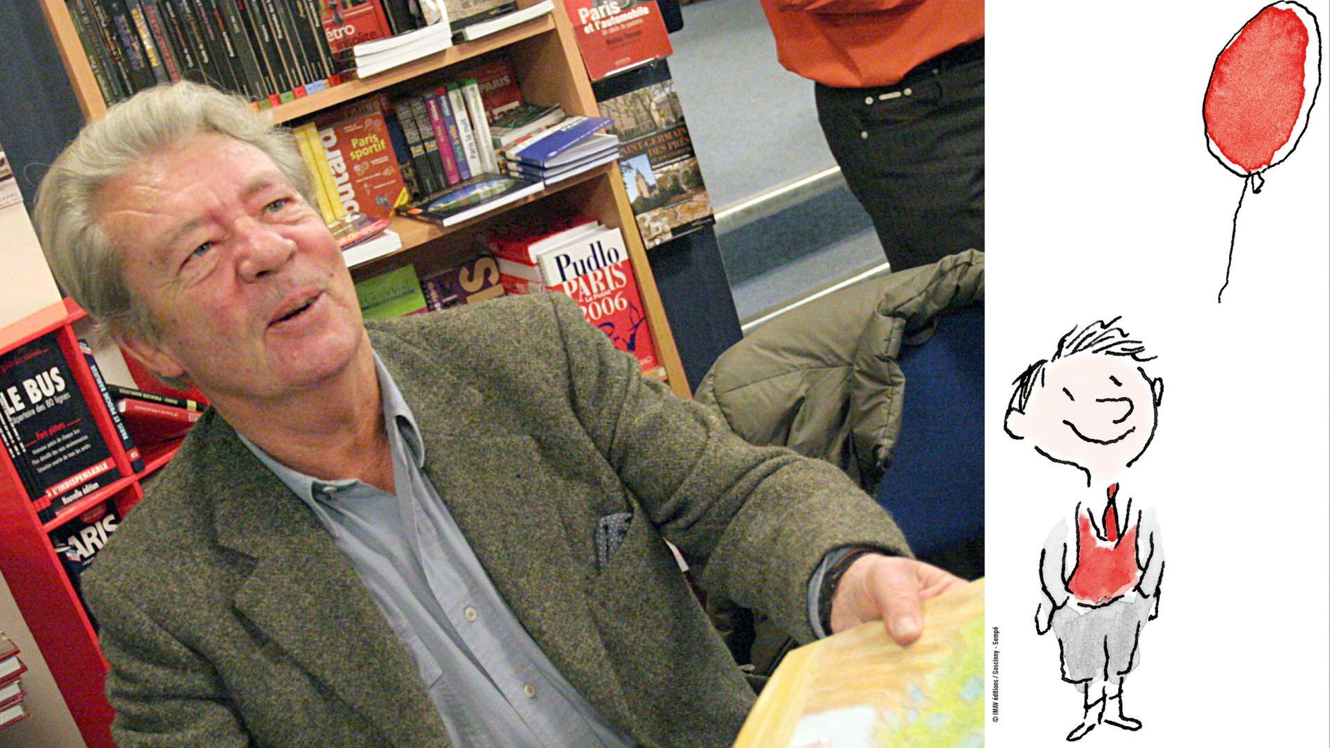 Der französische Zeichner Jean-Jacques Sempé 2005 während einer Autogrammstunde und eine seiner Illustrationen aus dem 2012 im Schweizer Diogenes Verlag erschienen Buch "Der kleine Nick".