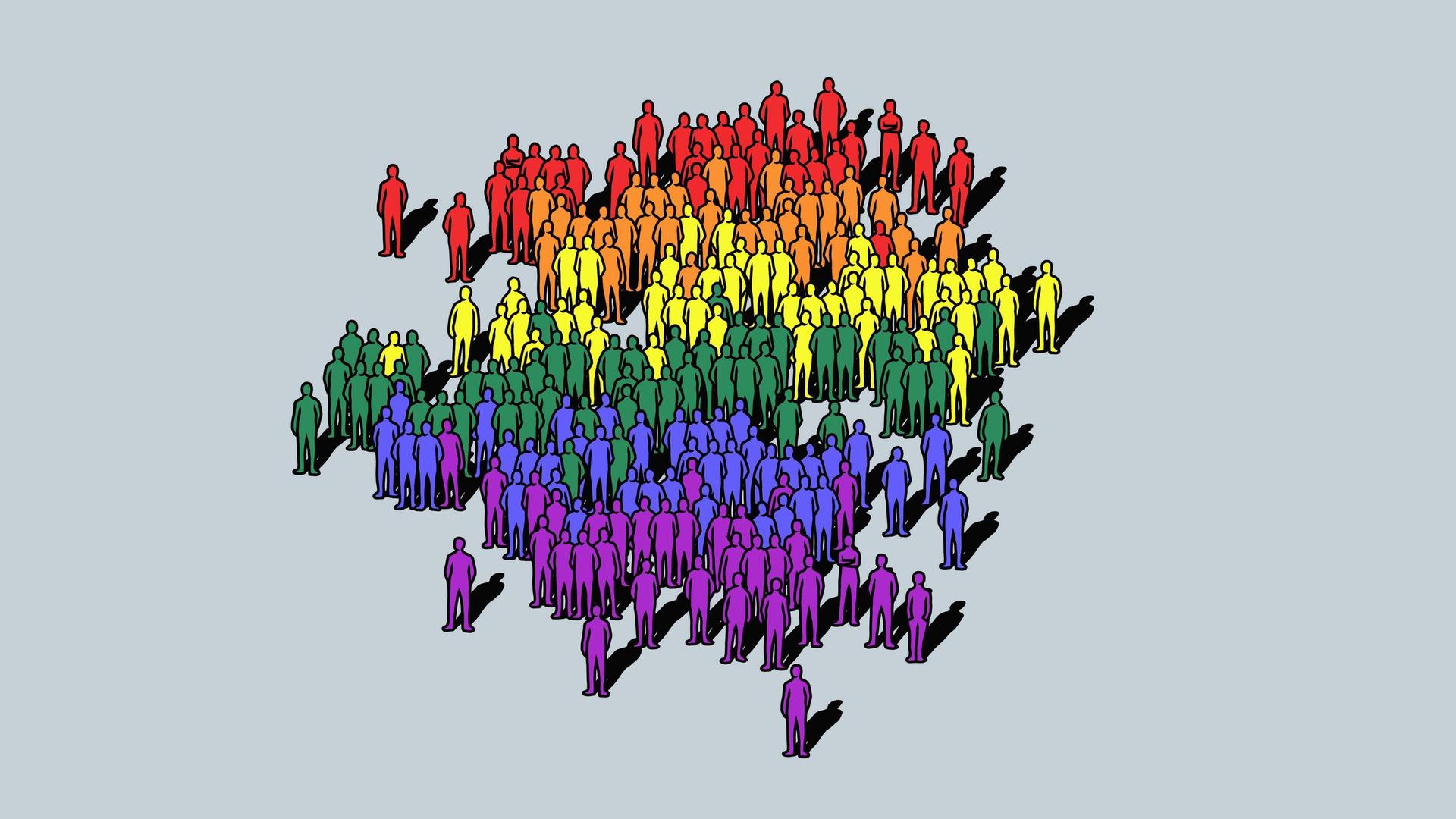 Illustration: Eine regenbogenfarbene Menschenmenge auf neutralem Hintergrund. Illustration: Eine regenbogenfarbene Menschenmenge auf neutralem Hintergrund.