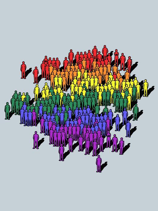 Illustration: Eine regenbogenfarbene Menschenmenge auf neutralem Hintergrund.
